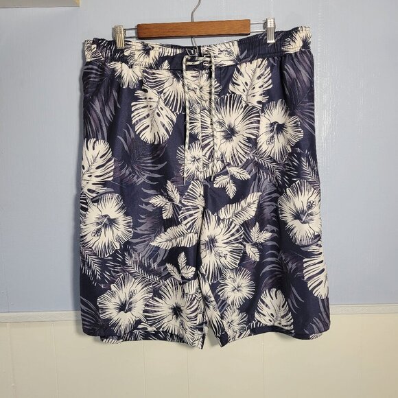 The Foundry Men's 4XL Navy Blue Hawaiian Floral Print Elastic Waist Swim Trunks - Picture 1 of 10